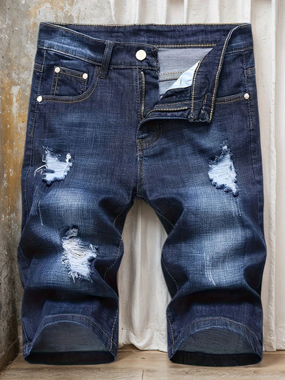Men'S Shorts, Summer Ripped Stretch Straight-Leg Shorts, Men'S Mid-Length Pants, Slim-Fit European And American Style Shorts, Tight-Fitting And Frayed Men'S Pants