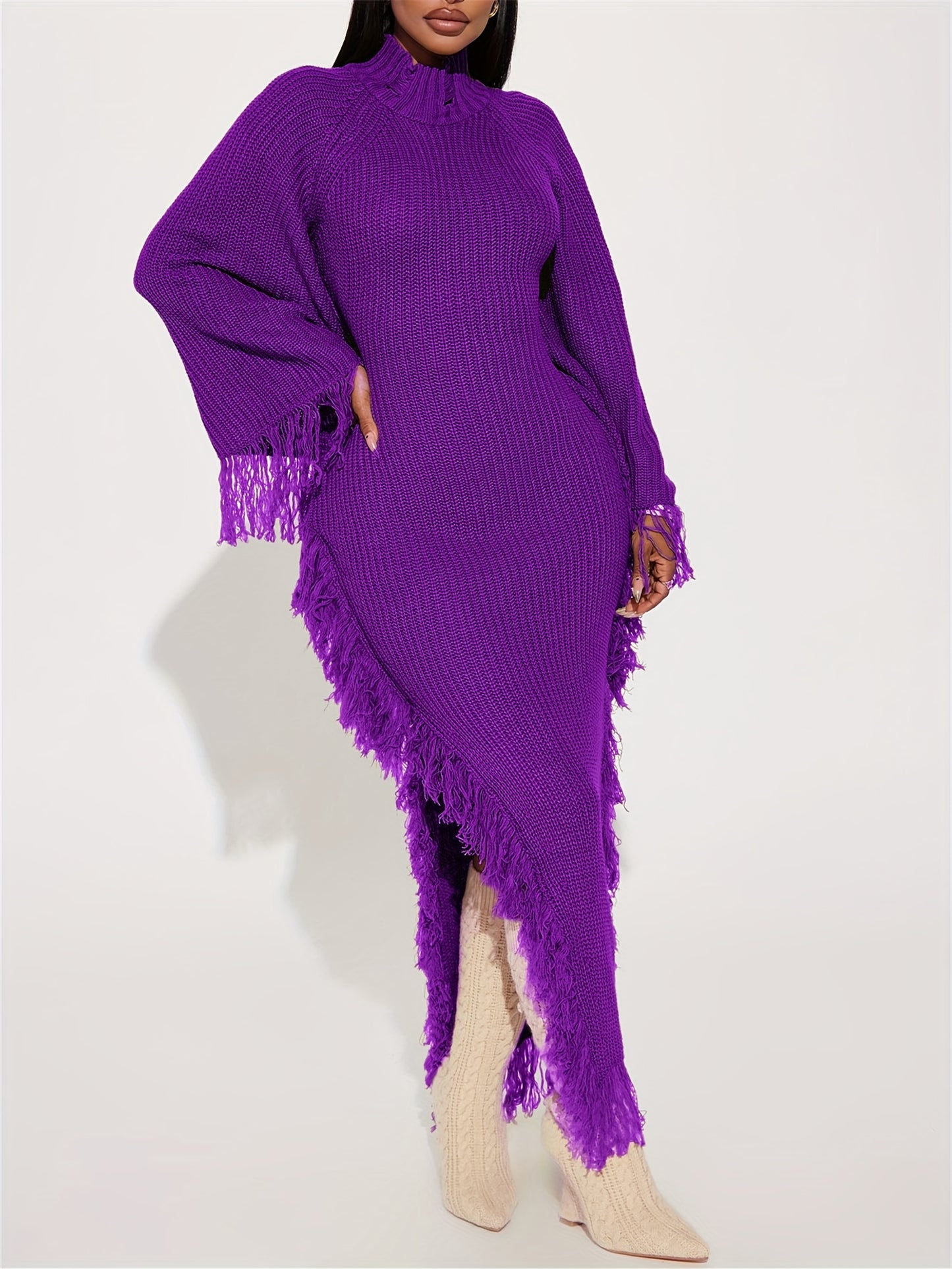 Gifts for Her, Fringe Trim Sweater Dress for Women, Batwing Long Sleeve High Neck Maxi Dress with Asymmetrical Hem, Sexy And Chic Style, for Fall Winter