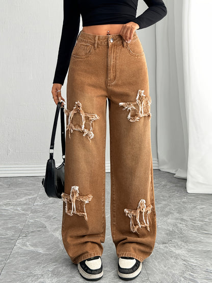 Melard colorway American street style star patchwork washed wide-leg straight jeans