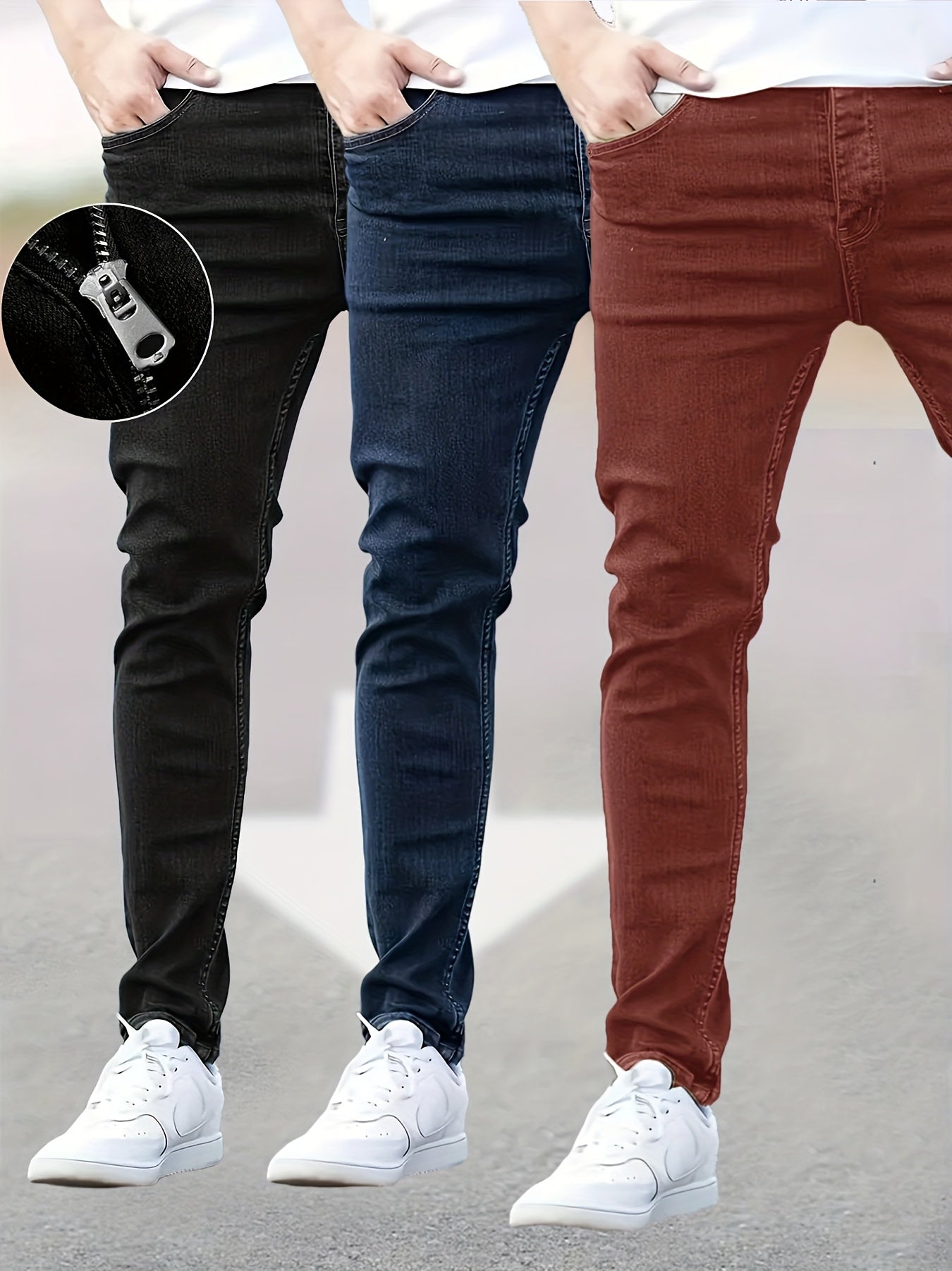 3pcs Men's Slim Fit Jeans - Heavy- Washed Streetwear Pants Suitable for All Seasons, Stretchable Basic Style with Washed, Year-Round Wear for Casual & -Casual Outfits