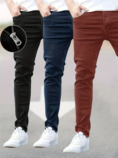 3pcs Men's Slim Fit Jeans - Heavy- Washed Streetwear Pants Suitable for All Seasons, Stretchable Basic Style with Washed, Year-Round Wear for Casual & -Casual Outfits