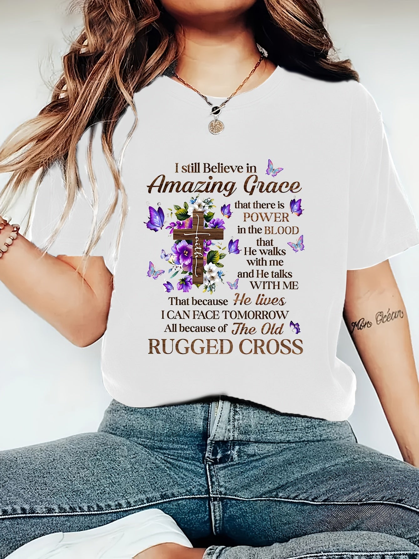 Women's Spring Summer Cross Print Short Sleeve T-Shirt, Casual Comfortable S Tee
