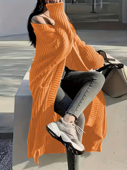 Plus Size, Solid Color Plus-Size Women's Long Pocket Cardigan Loose Over-the-Knee Sweater Coat Fashion Versatile Outerwear