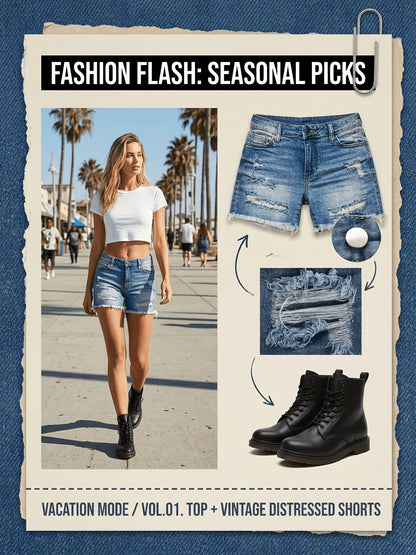Women'S Fashion Forward Ripped Denim Shorts-Classical Washed Blue, Unprocessed Edge, Super Comfortable Style-Fashion Casual Jeans and Summer Clothing