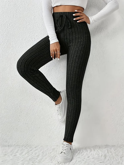 Women'S High - Waist Ribbed Leggings - Stretchy Slim Fit, Drawstring Detail, Casual Solid Color Pants for All Seasons