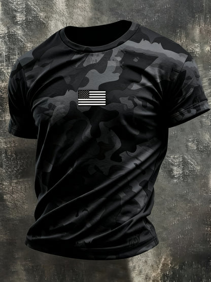 Trendy Orange Black Camouflage Splicing Design, Mini American Flag on Chest, Round Neck Short Sleeve Silhouette, Casual And Versatile, Plus Size Friendly, Suitable for Outdoor Commuting, Showcasing American Tough Guy Style