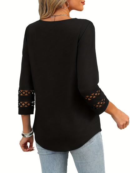 Three-piece Women'S 3/4 Long-sleeved Top, Fashionable Ladies' Casual Shirt, V-neck Lace Three-quarter Sleeve T-shirt