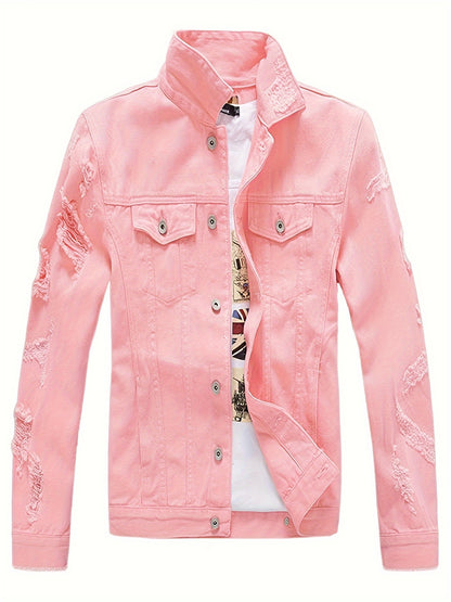 Men's Denim Jacket Fashion Slim Fit Ripped Cotton Stretch Denim Trendy Outerwear