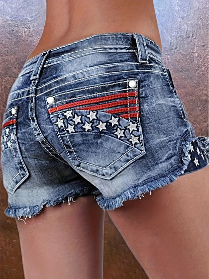 [HME]Flag- Fashionable Stretch Denim Shorts, A Must-have Item for Summer. Simple, Versatile, Fashionable And Elegant. Mid-to-high Waist Design for A Hip-lifting Effect. Two Colors to Choose From. Summer Women's Hot Pants