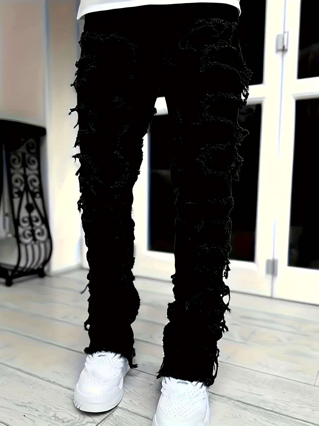 Men's Ripped Jeans Retro Street Style Spliced Slim Jeans Versatile Men Straight Denim Pants