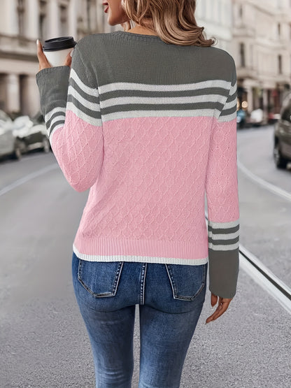 Women'S Color-Blocked Striped Round-Neck Long-Sleeve Top, Made from Comfortable And Warm Fabric, Perfect for Casual Elegance, Stylish Gatherings, And Festive Gifts for Autumn And Winter