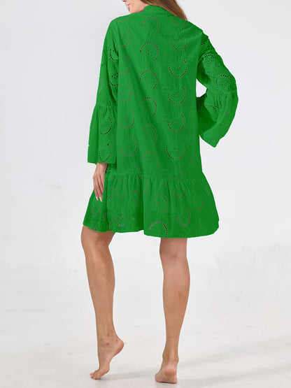 Elegant Mint Green V-Neck Shirt Dress with Bell Sleeves and Lace Cut-Out Detail - Chic Long Casual Dress for Women, Ideal for Home Gatherings and Parties, Casual Party Dress|Bell Sleeve Dress|Machine Washable Dress, Cute Dresses