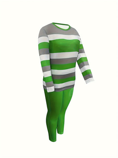Plus Size Color Block Two-piece Set, Casual Crew Neck Long Sleeve Top & Pants Outfits, Women's Plus Size Clothing