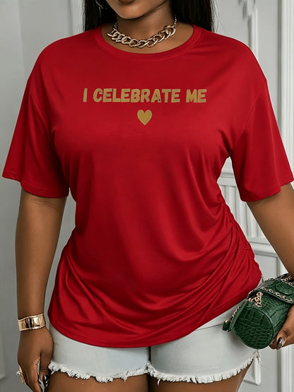 Plus Size - Fun I CELEBRATE ME, Heart Printed Women'S Plus Size T-Shirt, Cute Casual Outdoor Spring Summer Style, Holiday Party Wear, Loose Fit for Comfort, Women'S Printed Short Sleeve Plus Size T-Shirt Top