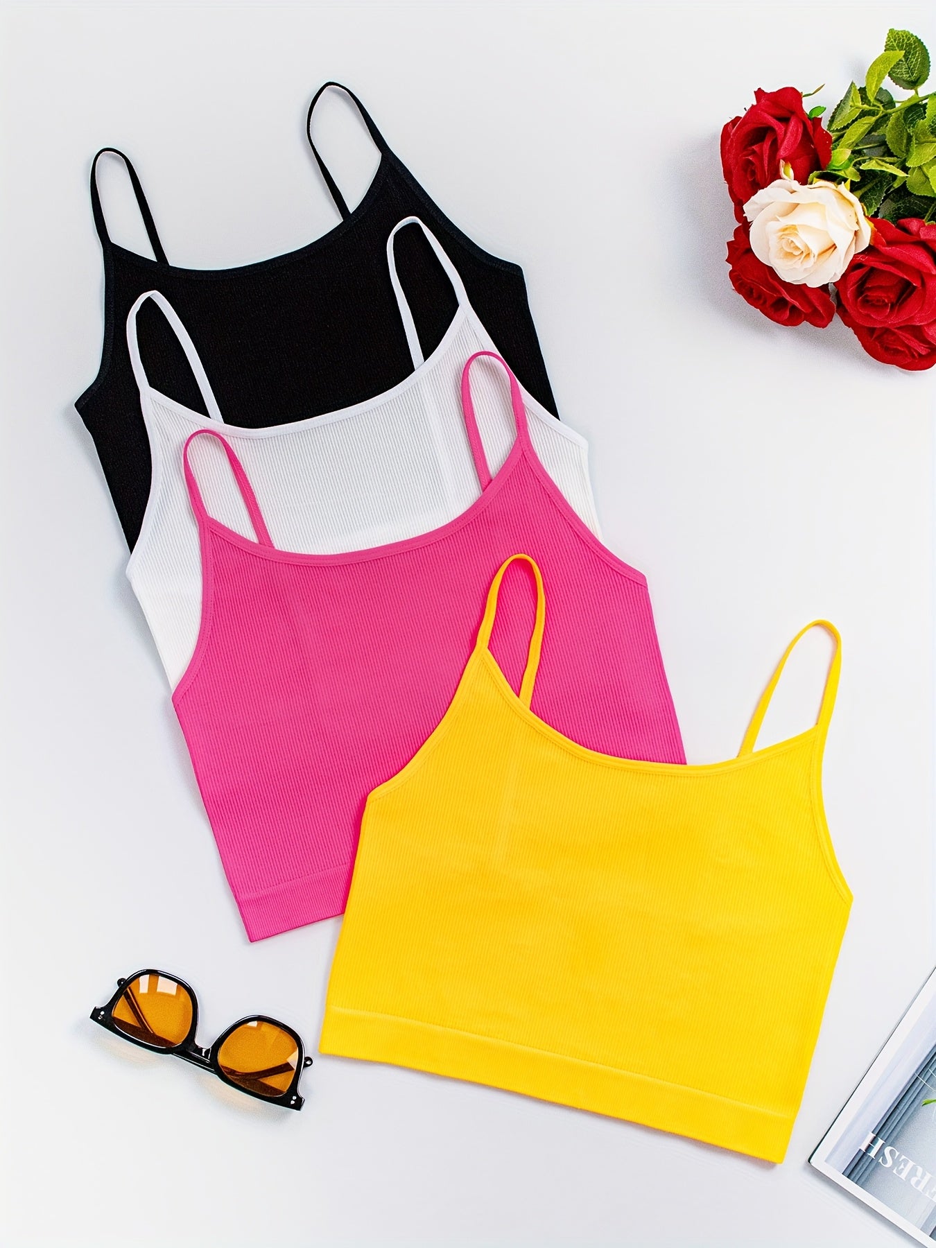4pcs Multi-Color Elegant Cute Side Stripe Peplum Outer Wear Ladies Camisole Tank Top & Seamless Sexy Strapless Sports & Casual Non-Steel Ring Women'S Bra