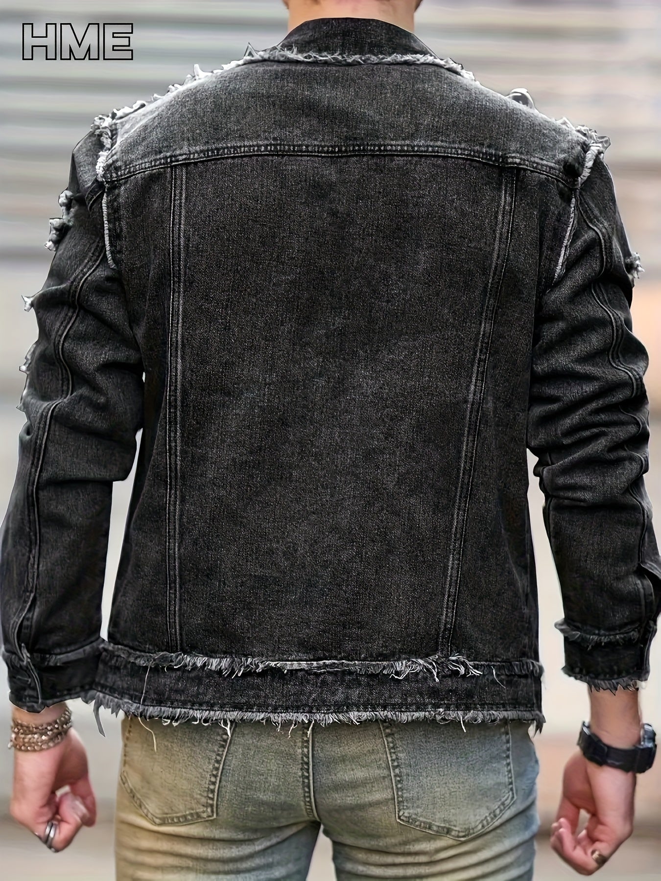 [HME] American Casual Men's Denim Jacket, Non-elastic And Well-fitting, Cool And Slimming, Retro Washed And Versatile Black And Gray, Fashionable Tassel Design Street Style, Open Front Single-row Buttons, Trendy And Versatile Denim Jacket
