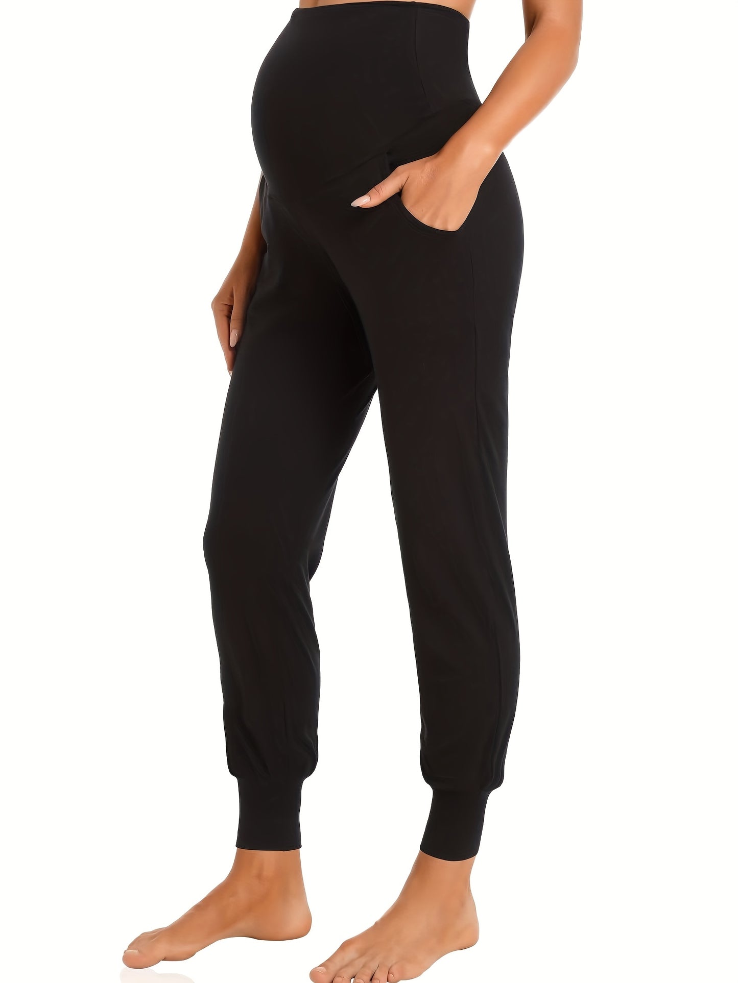 2pcs Maternity High-Waisted Stretch Pregnancy Pants - Elastic Belly Tummy Control, 7/8 Length Ankle-Length (No Cuff) for, Workouts & Casual Wear - Spring-Summer-Fall Stretchy Athletic Pants (Nine-Month Fit)