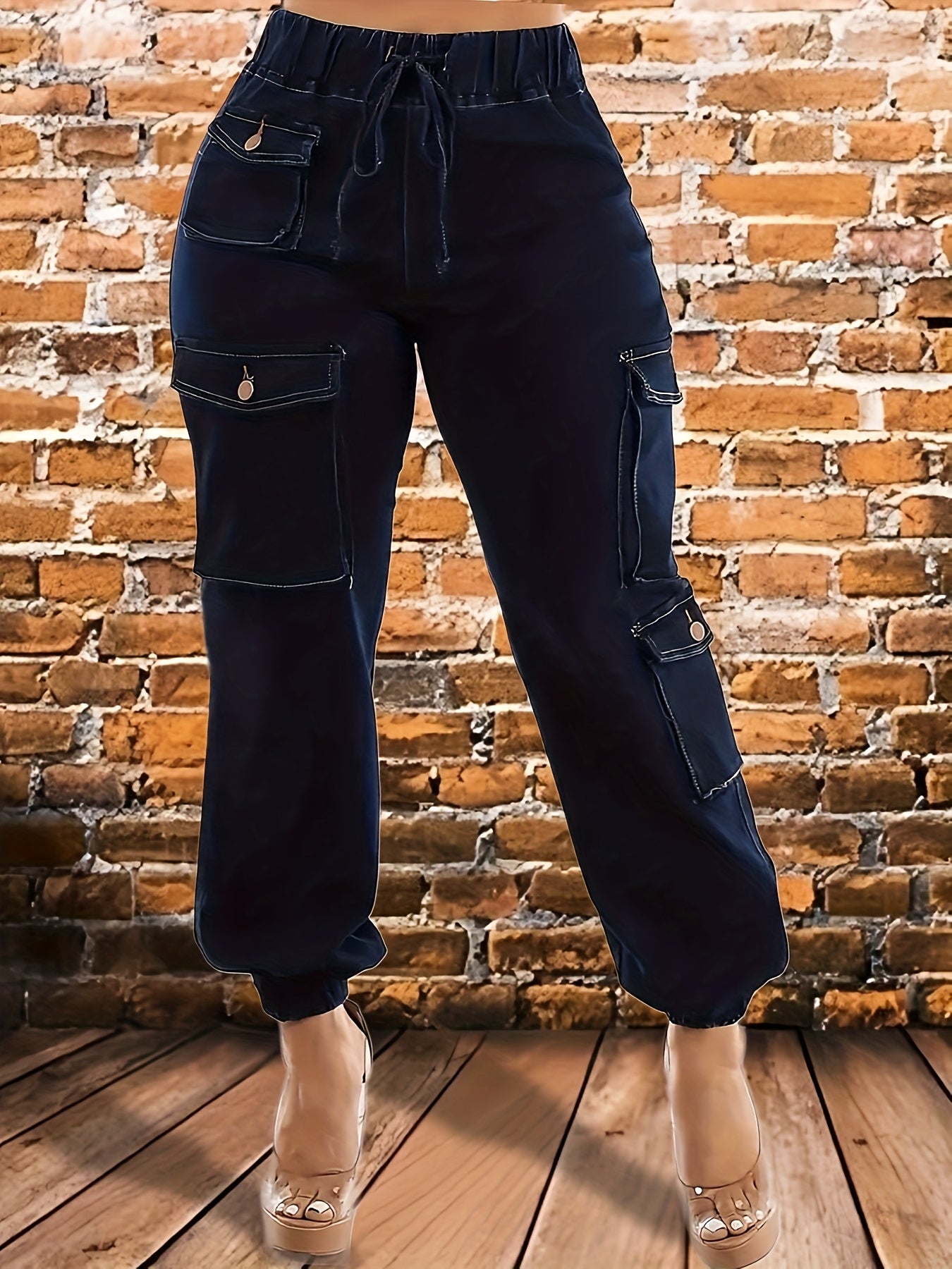 Women's Plus Size Dark Blue High Waisted Elastic Waistband Drawstring Tie with Multiple Pockets And Small Ankle Workwear Jeans, Suitable for Outdoor Play And Street Wear, Machine Washable, All Season, Shipped From Local Warehouse