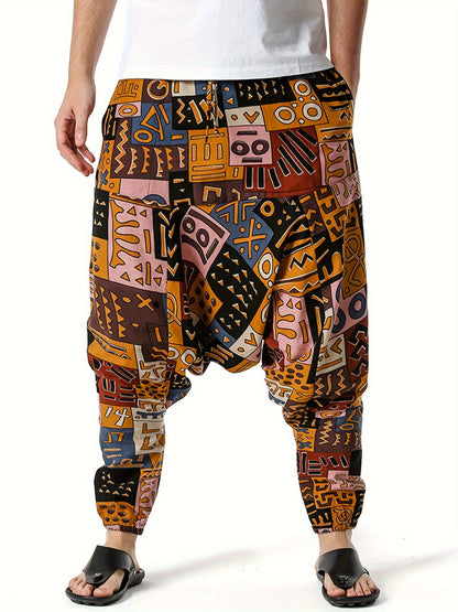 Men'S Stylish 100% Loose Colorful Fans Pattern Pants with Pockets, Casual Breathable Comfy Trousers for City Walk Street Hanging Outdoor Activities