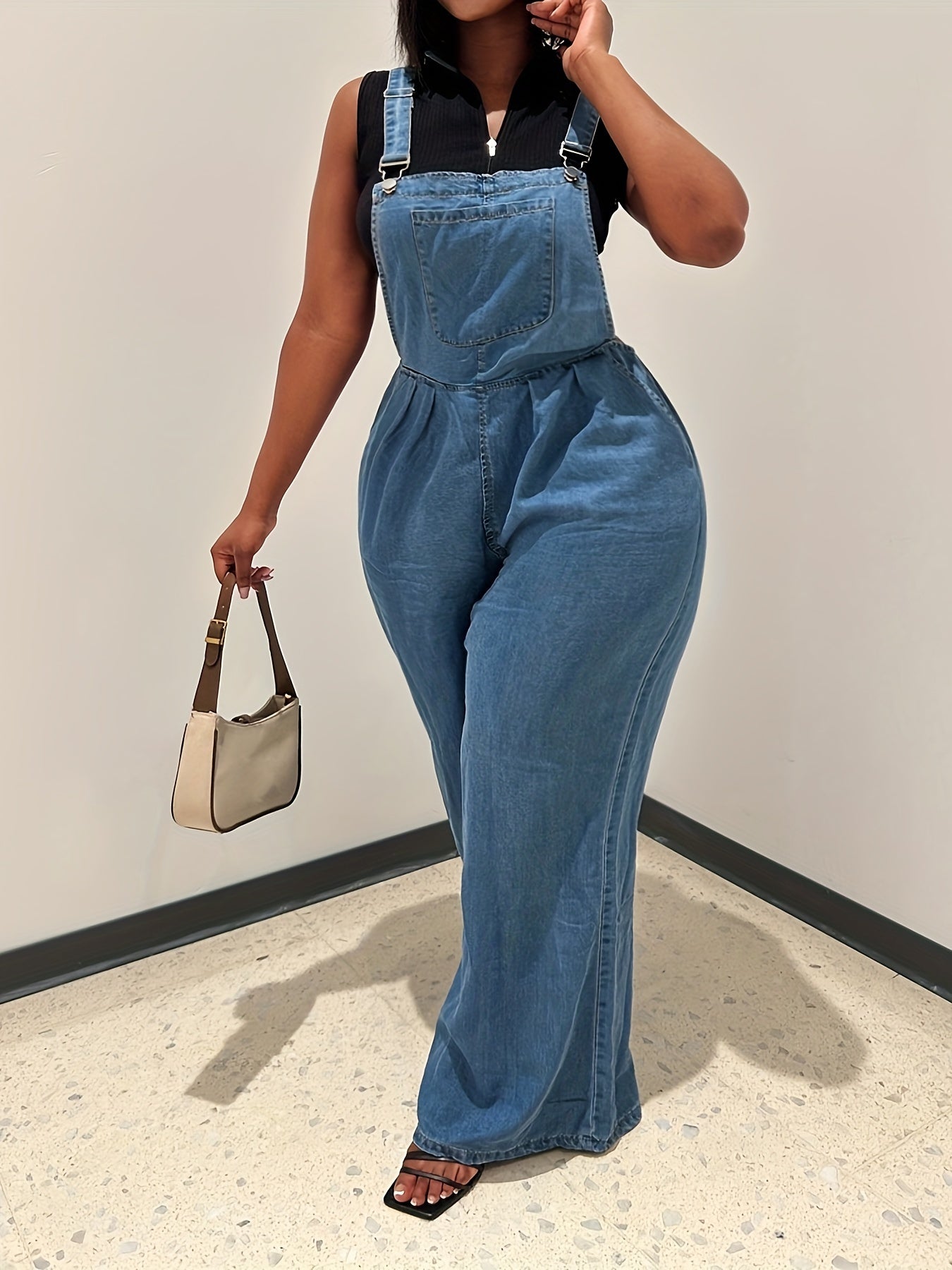 Women's Denim Overalls - Loose-Fit Sleeveless Casual Style With Side Pockets, Wide-Leg Jumpsuit Dungarees