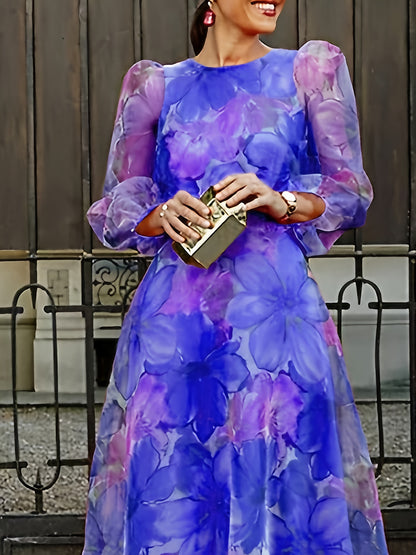 [Wedding Guest Party] Women's Floral Print Chiffon Maxi Dress - Elegant Ombre Gradient Long Sleeve Dress with Back Zipper, Wedding Guest Party Dress, Flowy Sunset Dress