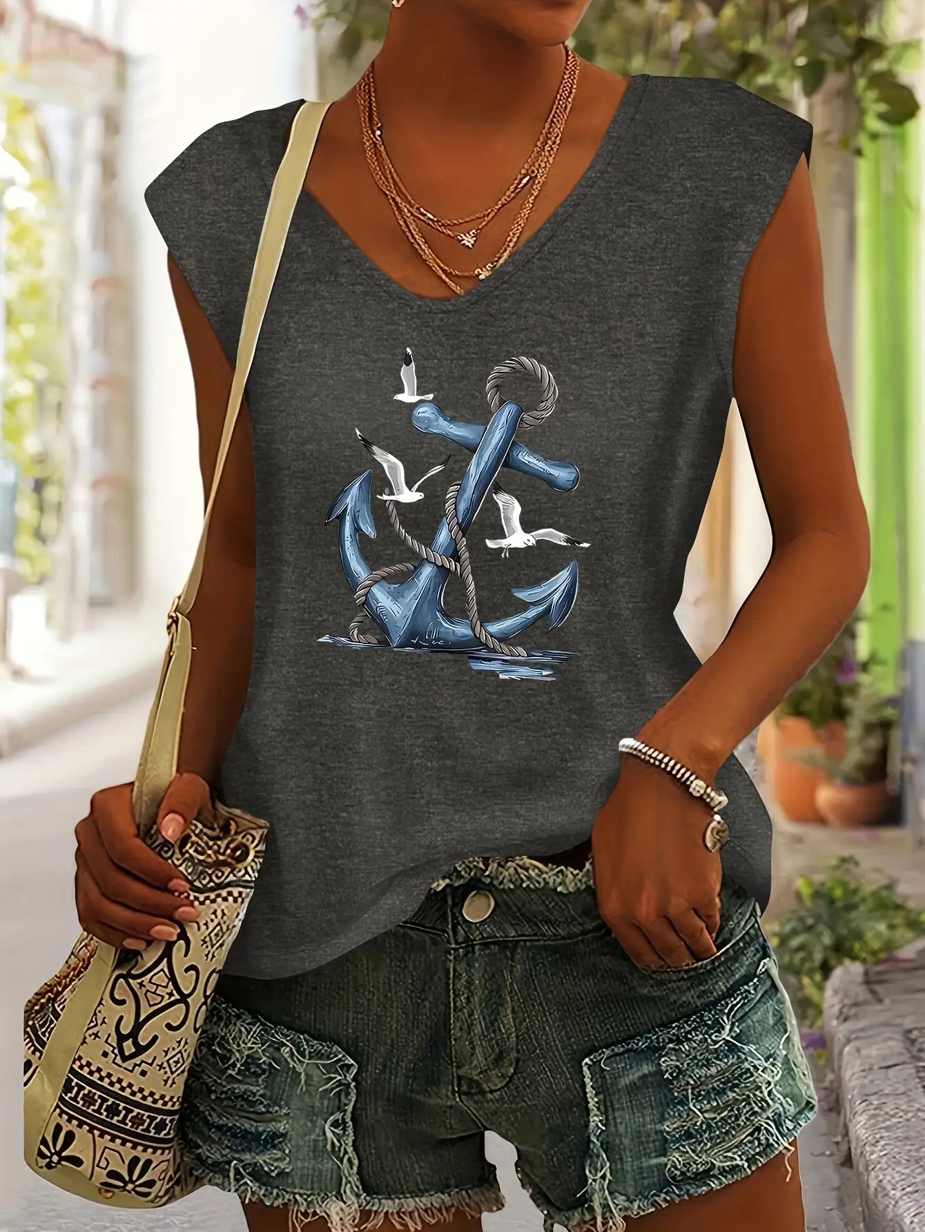 Blue Anchor Seagull Ocean Sailor Pattern Print European And American Style Women'S Spring Summer Casual Easy Versatile Vacation Color V-Neck Raglan Short Sleeve T-Shirt