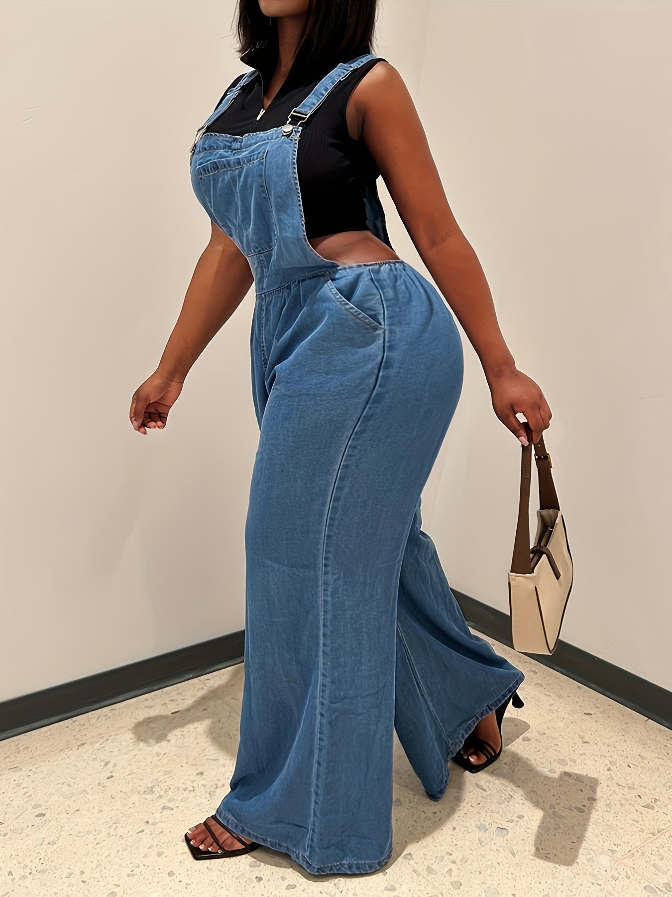Women's Denim Overalls - Loose-Fit Sleeveless Casual Style With Side Pockets, Wide-Leg Jumpsuit Dungarees