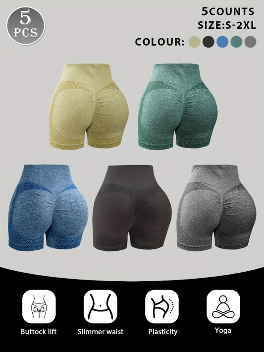 Women's Butt-Lifting And Tummy-Tucking Seamless Fitness Shorts 5-Pack - High-Waist Butt-Lifting Shaping Sports Shorts with Butt-Lifting Technology, Available In Multiple Colors (Blue/Black/Gray/Green/Olive), Women's Lycra