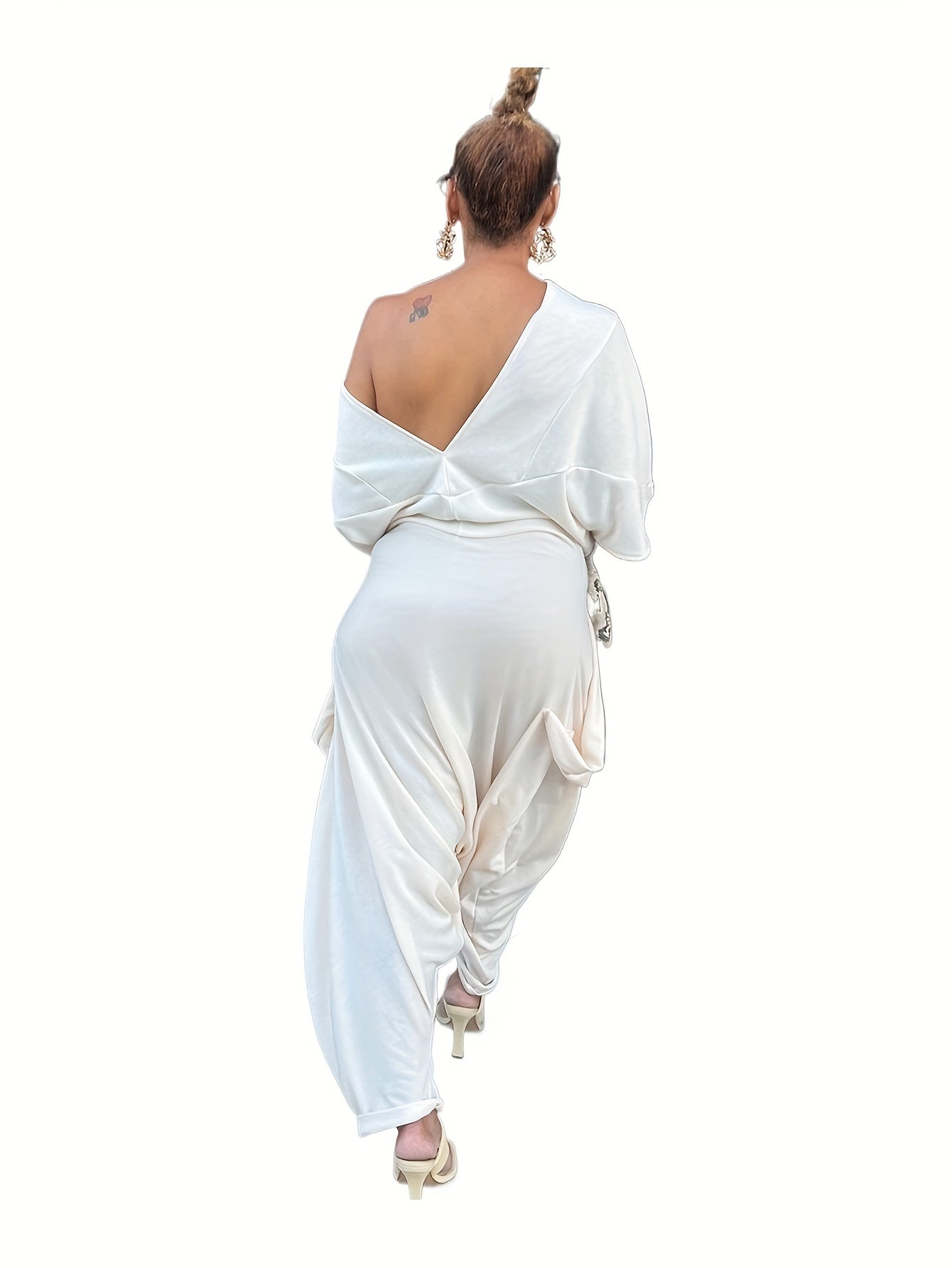 [Elegant Style] Women's Off the Shoulder Haren Jumpsuit, Polyester Knit Fabric, Solid Color, Casual Streetwear Style, with Pockets for Spring/Summer/Fall, Fall Clothing|Hiphop Style Outfit|Comfortable Wear