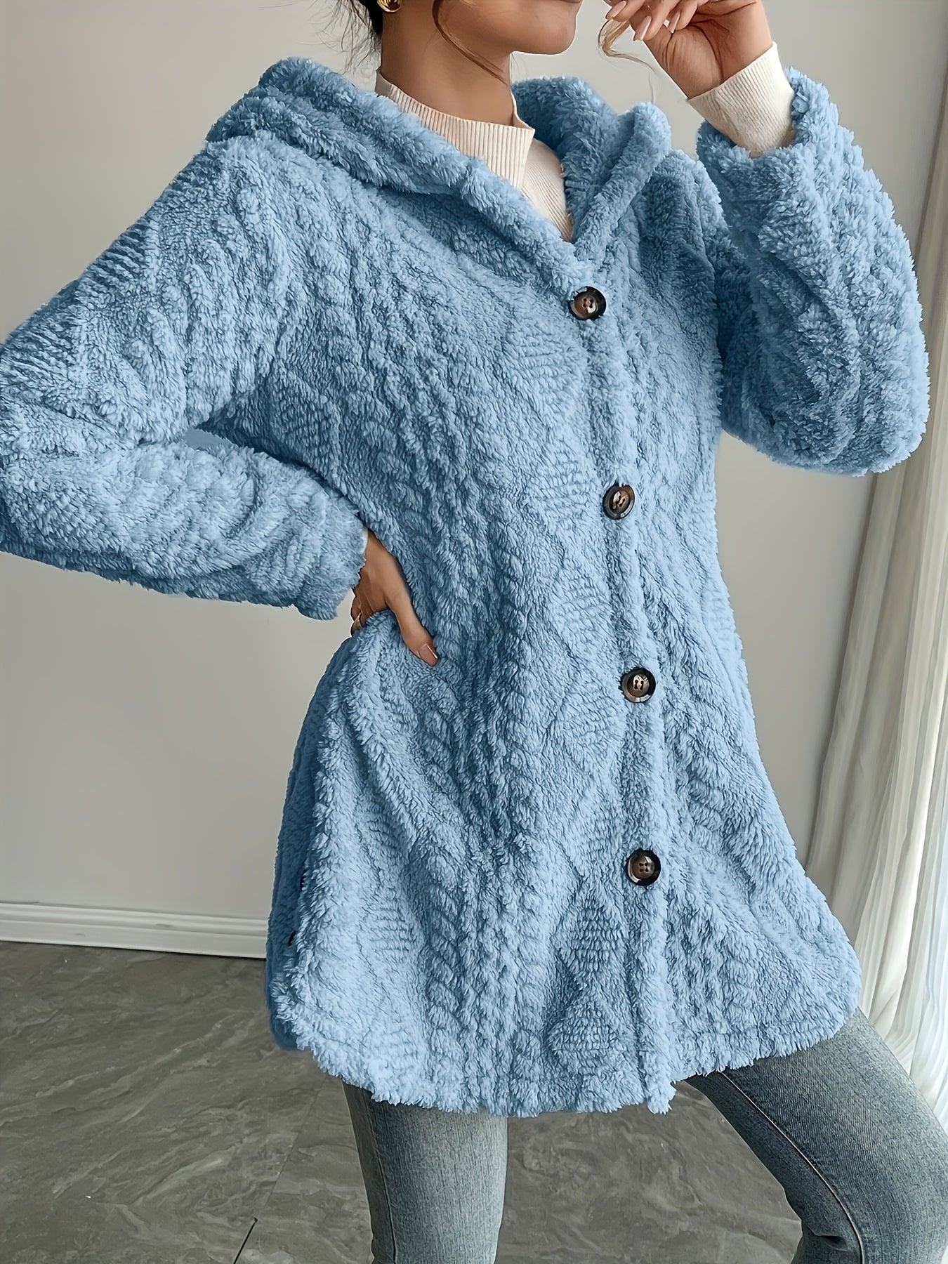Hooded Fuzzy Coat Mid-Length Jacket with Buttons Soft Warm Winter Fall Outfits 5 Colors