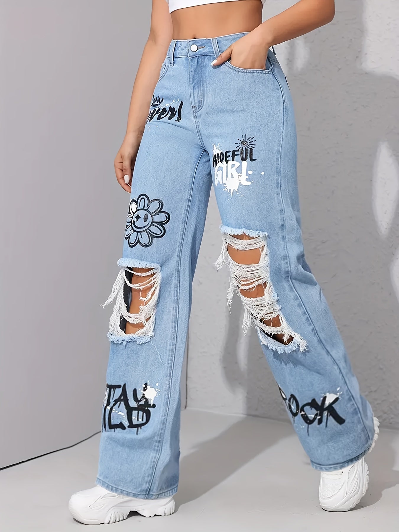 [High-Waist Graffiti Jeans] Women's High-Waist Straight-Leg Jeans with Graffiti Print And Ripped Detail - Light Blue Denim, Cartoon Design, Machine Washable, Casual Streetwear Style