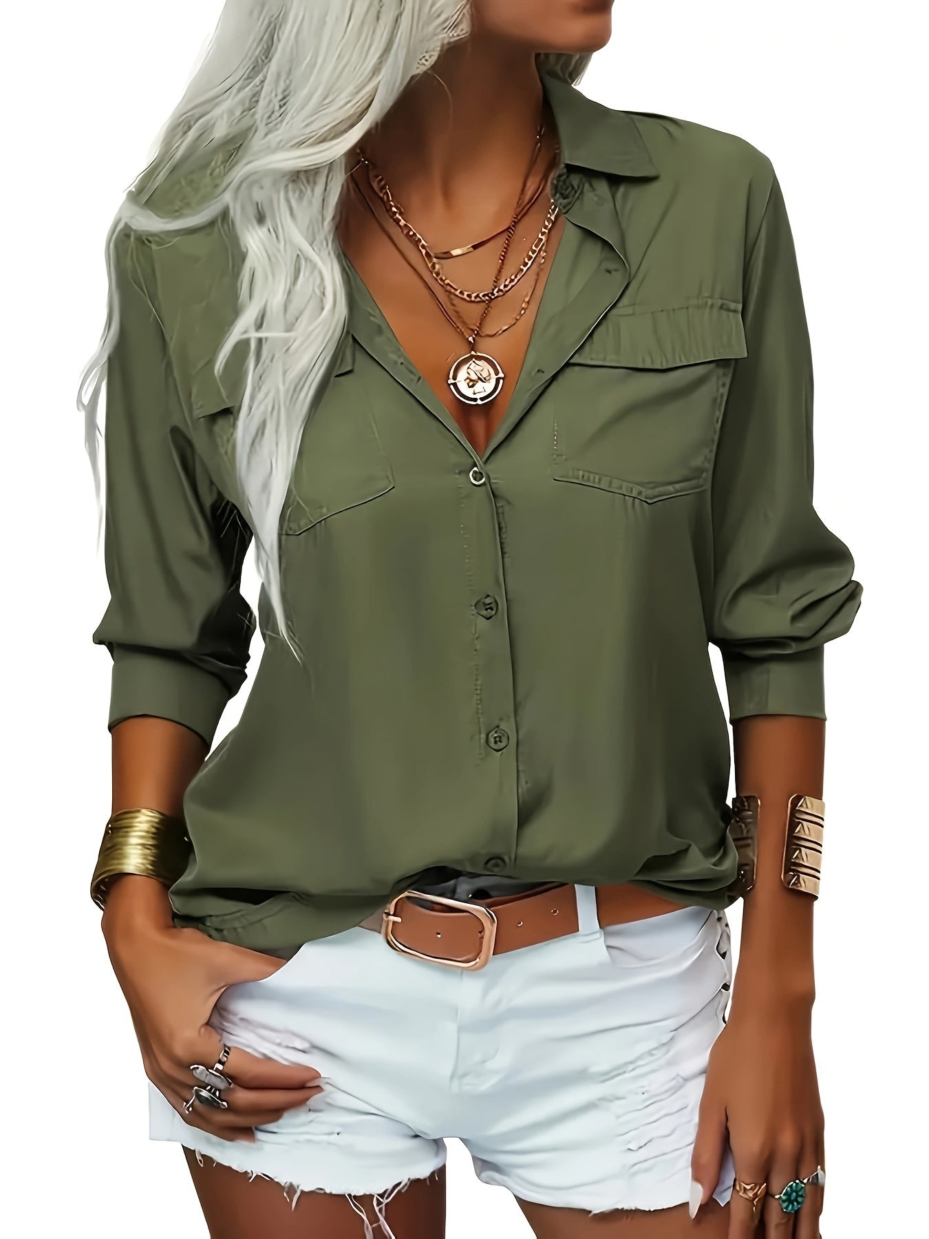 Women's Solid Color Lapel Long Sleeve Button- Shirt - Casual & Office Versatile Blouse, Machine Washable Spring/Fall Top with Classic Collar Design