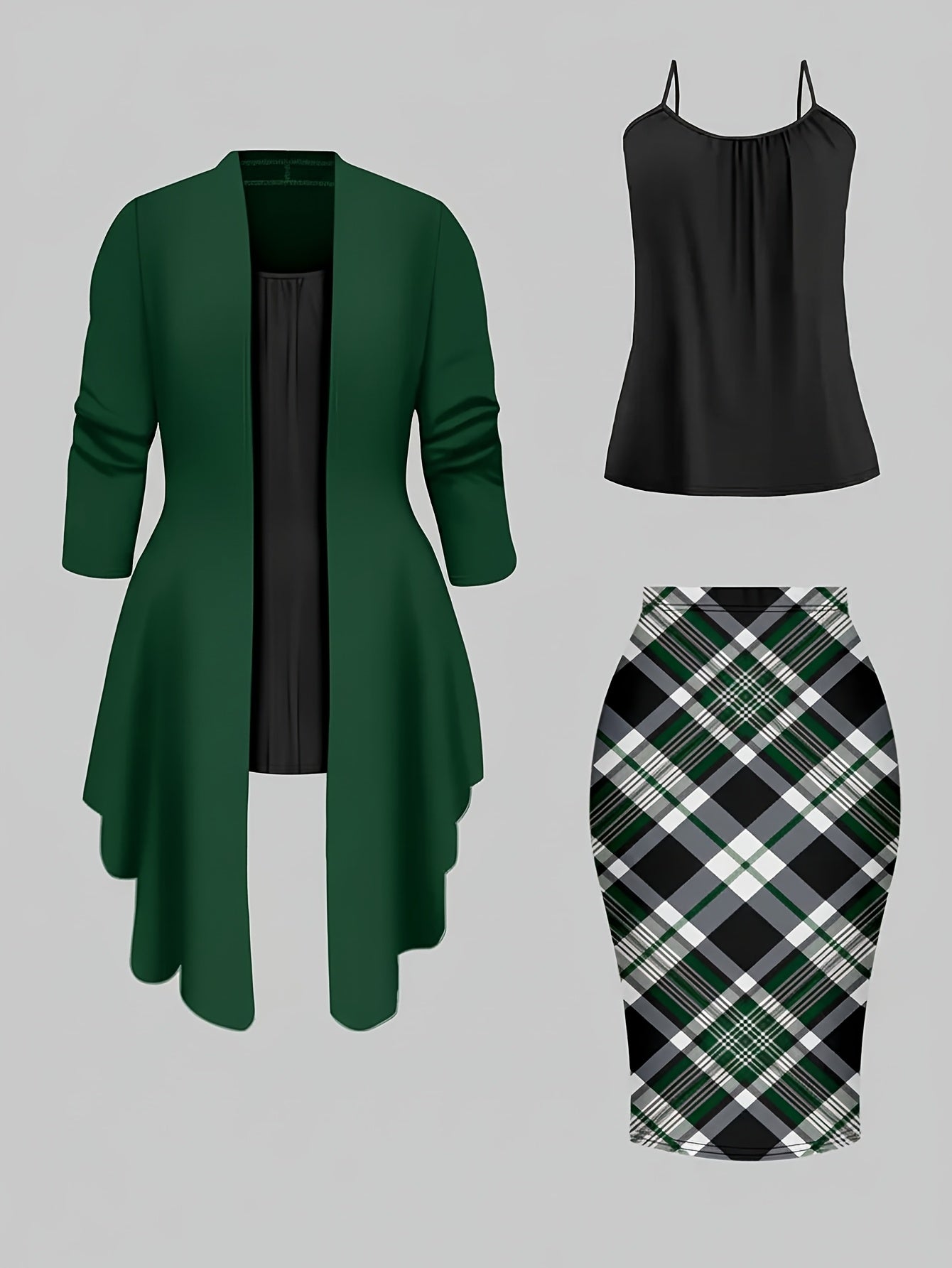 Women'S Retro Irregular Hem Three-Quarter Sleeve Cardigan + Black Camisole and Plaid Bodycon Skirt Three-Piece Set - Spring/Autumn Commuter and Party Outfit