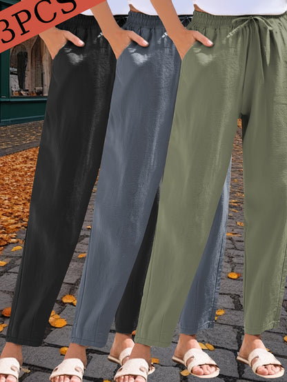 3-Pack Women'S 9/10 Length Casual Trousers, Loose Fit, Solid Color Drawstring Elastic Waist, Comfortable And Versatile for Office, Weekend Strolls, Gatherings, And Beach Vacations