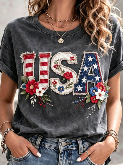 USA 250Th Anniversary Women'S Independence Day Patriotic T-Shirt, 2D Print Casual Short-Sleeve Crewneck Tee for July 4Th Celebrations