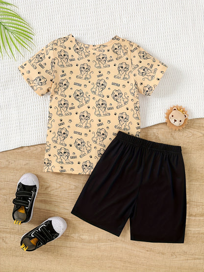 Random Two-piece Set for Boys' Fall/summer Wear, Including 1 Short-sleeve T-shirt + Shorts. Features A Printed Long-sleeve Crew-neck T-shirt And Casual Printed Shorts., Perfect for Outdoor