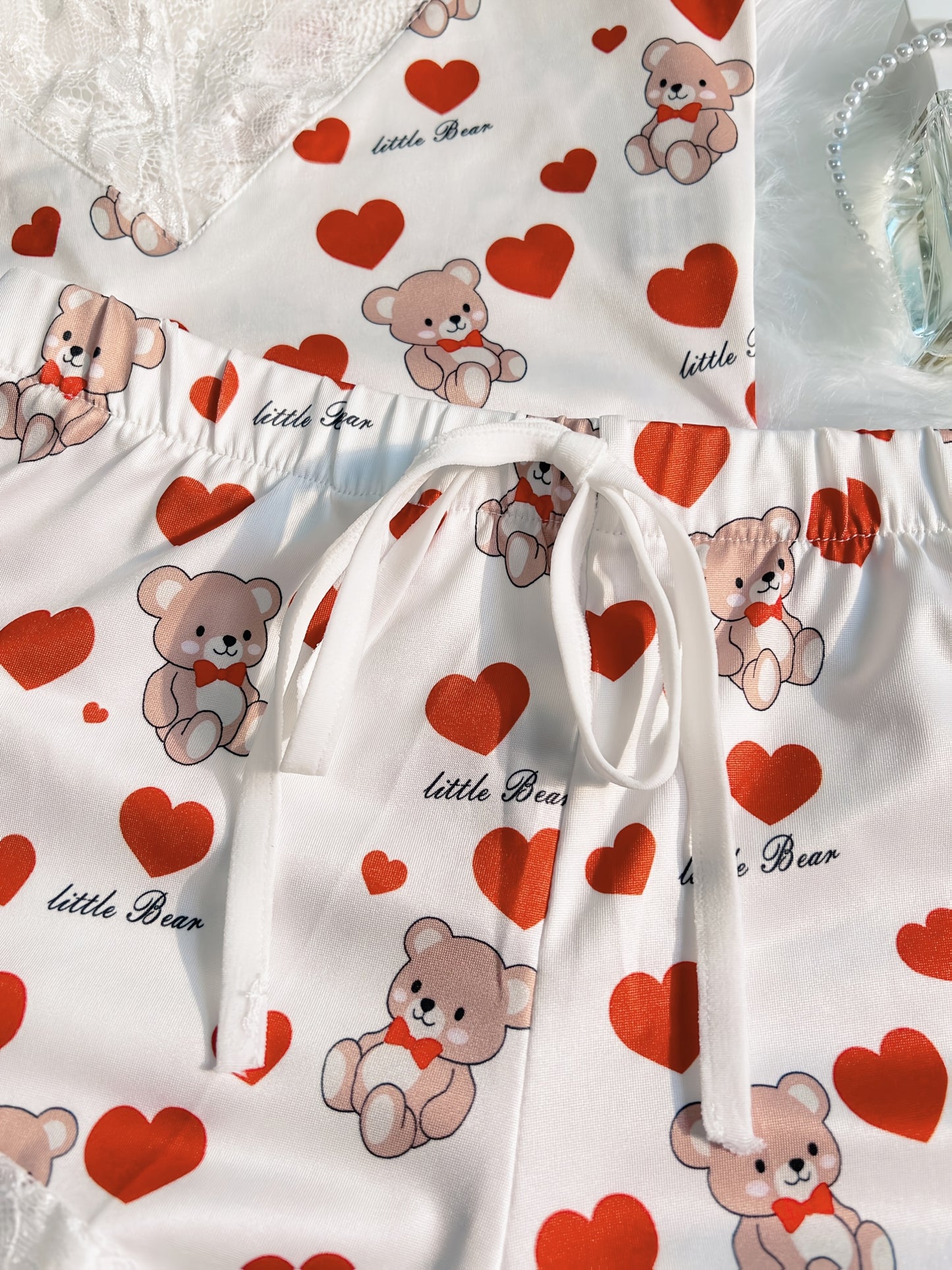 Contrast Color Lace Stitching Plaid Love Print V-neck Bilateral Side Open Backless Skin-friendly Soft Home Casual Pajamas Set