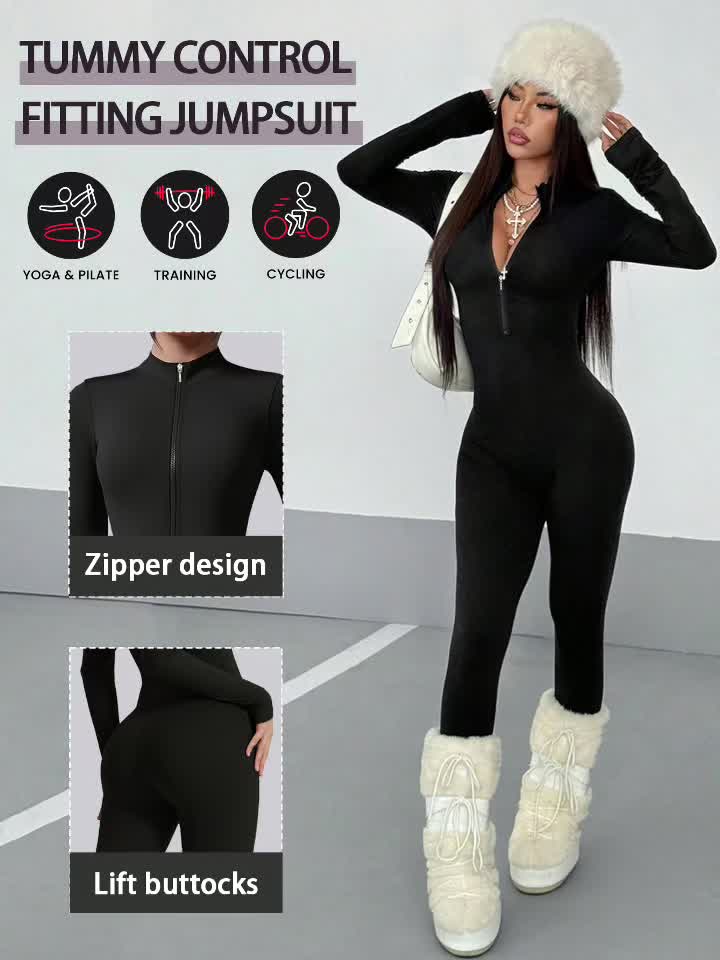 Women'S Solid Color Long Sleeve Skinny Jumpsuit, Front Half Zipper Design, Comfortable And Slim-fitting Jumpsuit, Casual And Versatile, Suitable For Cycling, Running, Yoga, Tennis And Other Training.
