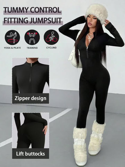 Women'S Solid Color Long Sleeve Skinny Jumpsuit, Front Half Zipper Design, Comfortable And Slim-fitting Jumpsuit, Casual And Versatile, Suitable For Cycling, Running, Yoga, Tennis And Other Training.
