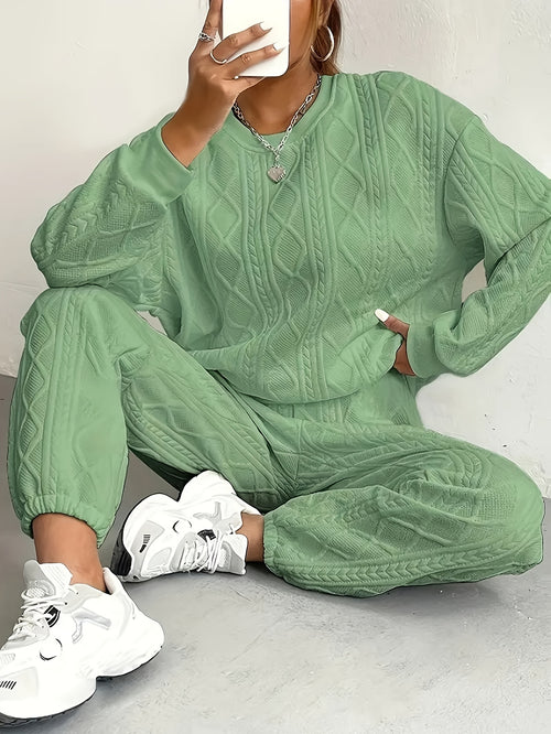 Women's Casual Pullover Two-piece Set, Suitable for Spring And Autumn, Consisting Of A Textured Long-sleeved Top And Jogging Pants