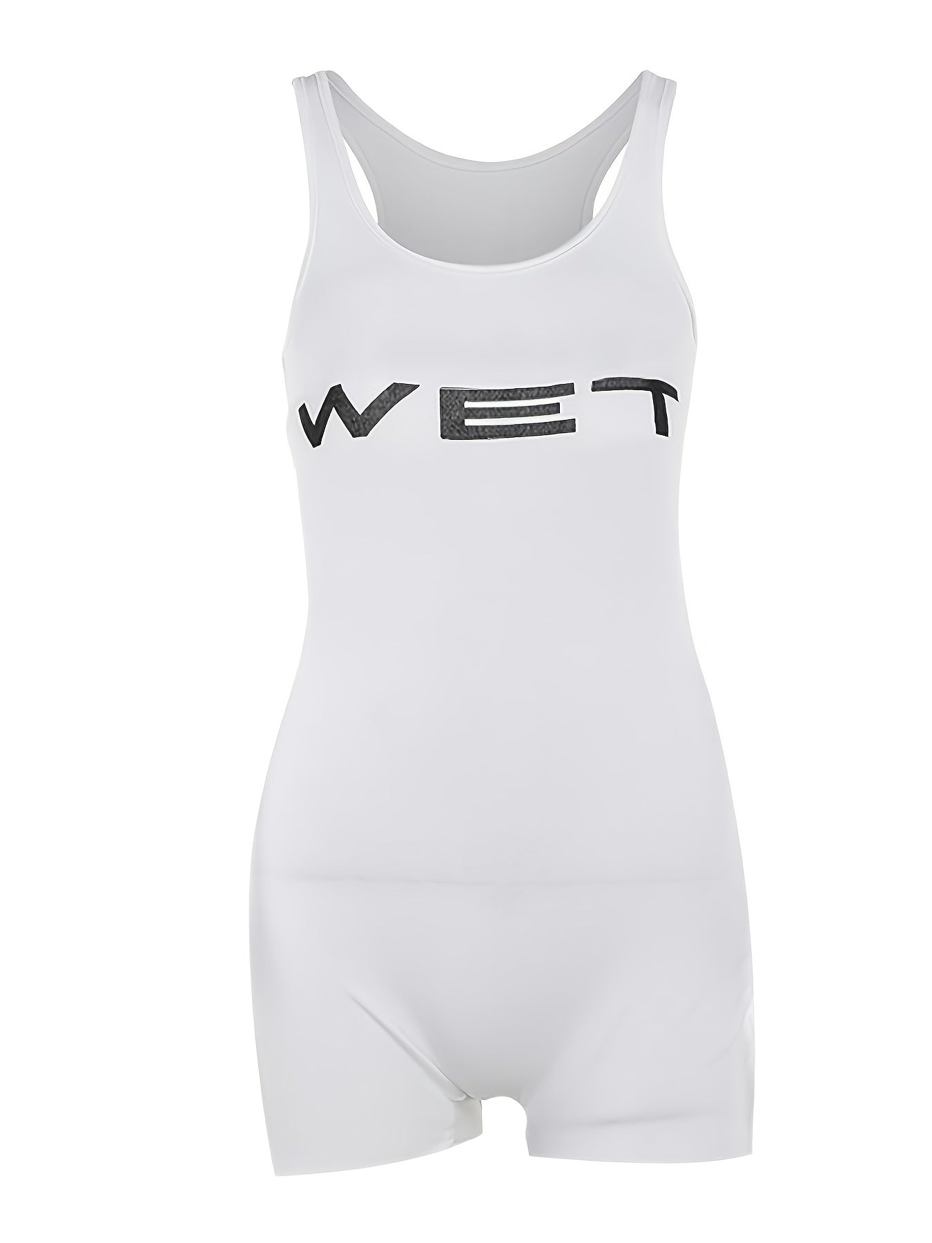 Women's Casual White Sleeveless Raw Hem Tank Romper with Bold "WET" Print Sexy Slim Fit Bodysuits