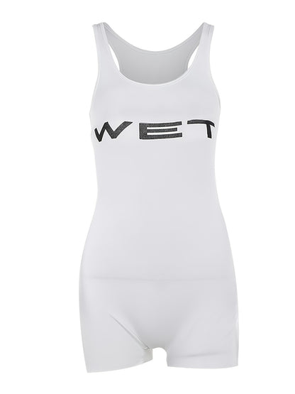 Women's Casual White Sleeveless Raw Hem Tank Romper with Bold "WET" Print Sexy Slim Fit Bodysuits