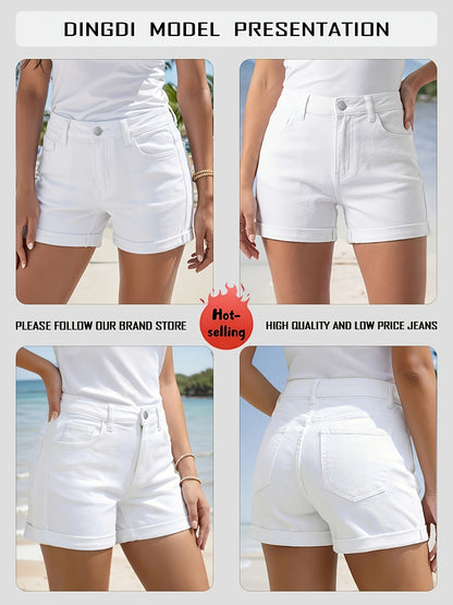 New Women's Fashion Elastic White Short Denim Pants, with a High-waist Design That Helps Shape the Figure; These Solid-color Denim Shorts Come with Pockets and Are an Ideal Outfit for Elegant Ladies.