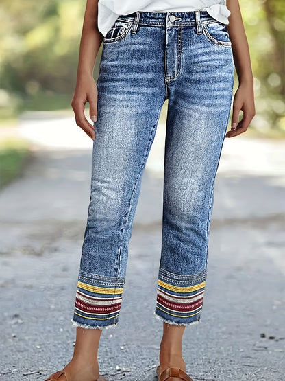 Women'S Plus Size Stone Washed Denim Pants, Ethnic Style Embroidered Skinny Straight Leg Pants