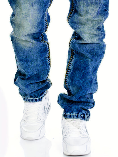 Men's Slim-Fit Straight-Leg Distressed American Snowflake Jeans - Vintage Wash Blue Denim Pants with Snowflake Pattern, Streetwear Style All-Season Casual Wear, Durable Fabric & Hand Washable
