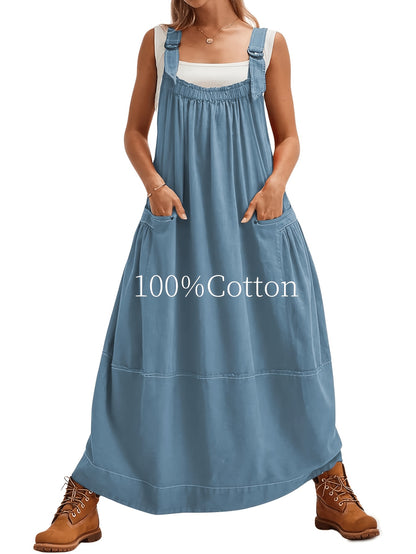 [Loose Midi Dress] Women's Loose Adjustable Strap Midi Overall Dress with Big Pockets in Workwear Style