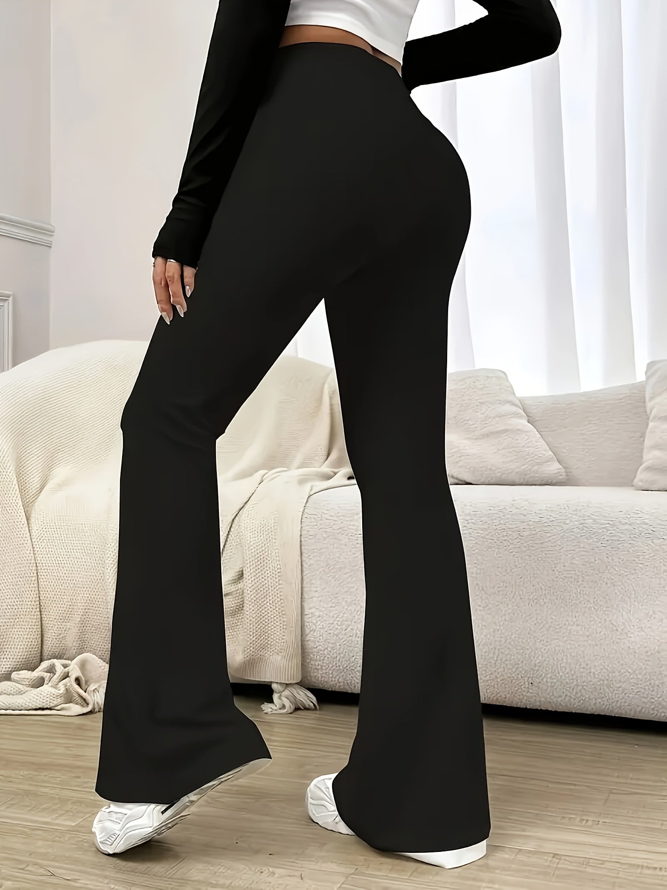 4pcs Of Women'S High-waisted Flared Pants - Medium-pressure Leggings With Or Without Pockets, Plain Color Pants, Suitable For And Casual Wear, Sheer Fabric, Great Gift For, Popular Local Product
