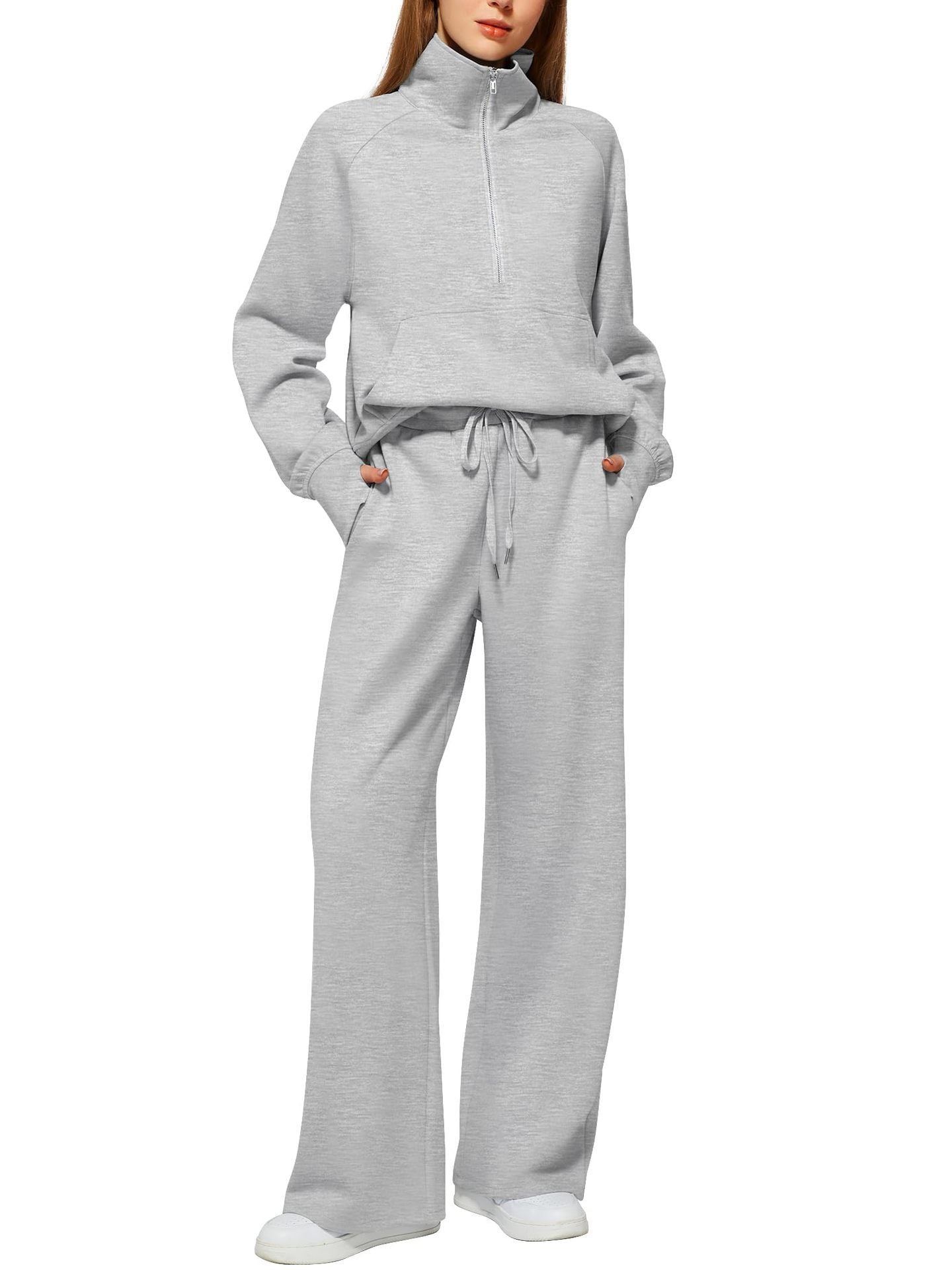 2Pcss Outfits for Women, Oversized Half-Zip Sweatshirt And Wide Leg Sweatpants Set, 2026 Spring Casual Lounge Tracksuit Women'S Trendy 2Pcss Matching Set, Oversized Quarter-Zip Pullover And Loose Wide Leg Trousers, Chic Spring Sporty Outfits