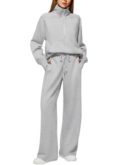 2Pcss Outfits for Women, Oversized Half-Zip Sweatshirt And Wide Leg Sweatpants Set, 2026 Spring Casual Lounge Tracksuit Women'S Trendy 2Pcss Matching Set, Oversized Quarter-Zip Pullover And Loose Wide Leg Trousers, Chic Spring Sporty Outfits