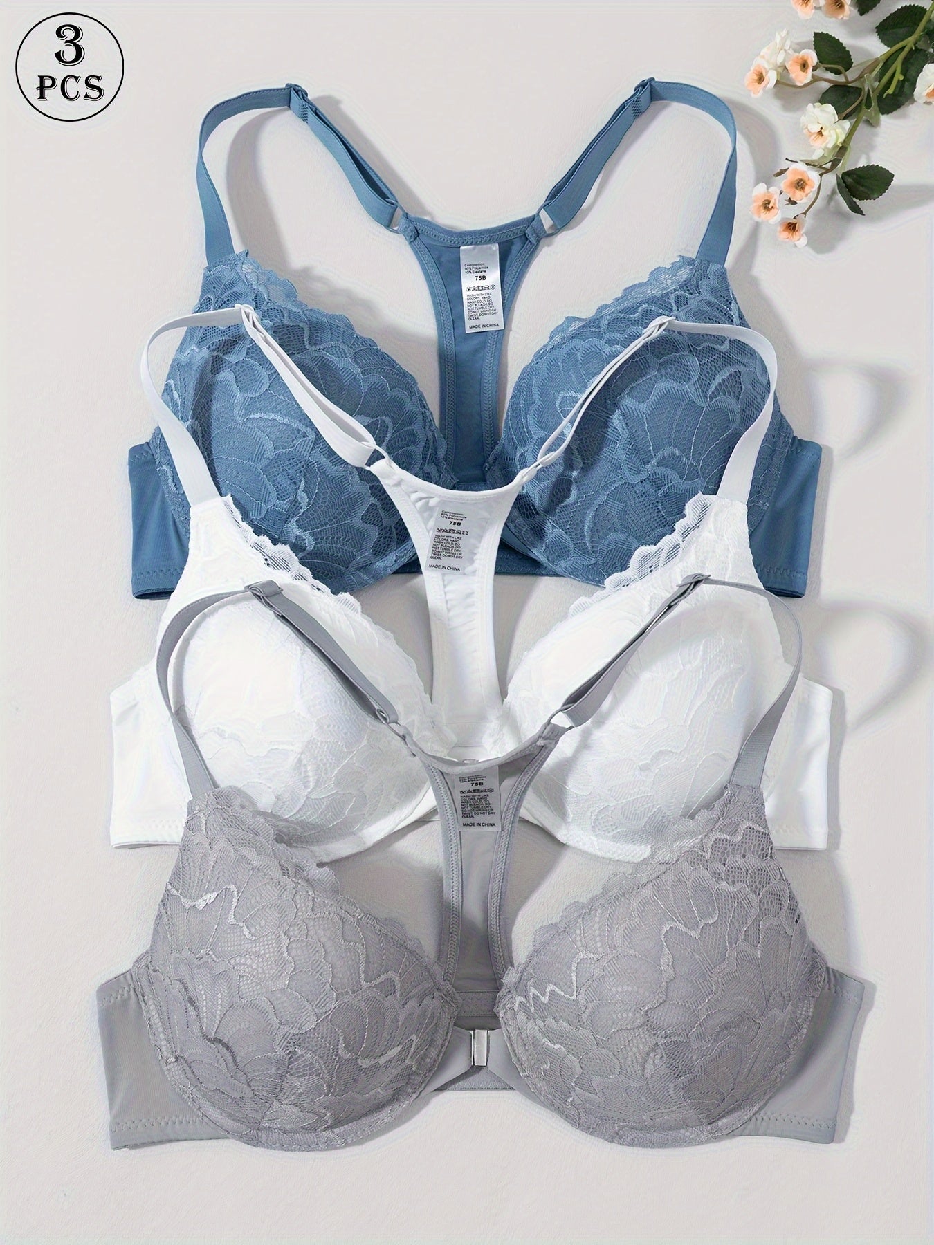 3pcs Front Closure Lace Patchwork Bras for Women with Underwire, Push-Up, Anti-Sagging, Sexy Back Design, Suitable for Dating